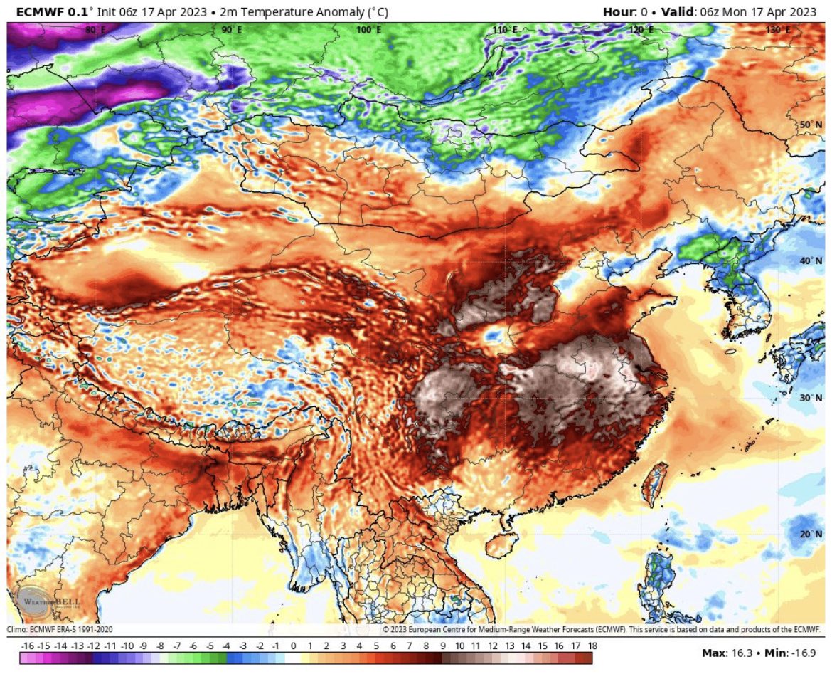 PGDynes's tweet photo. Incredible heat in Asia! 

Thailand: All-time hottest - 45.4C - China: 109 weather stations in warmest April ever. 
Turkmenistan: Hottest April on record -42.2C
Laos: All-time heat records - 41.6C https://t.co/k1IuswcwU1