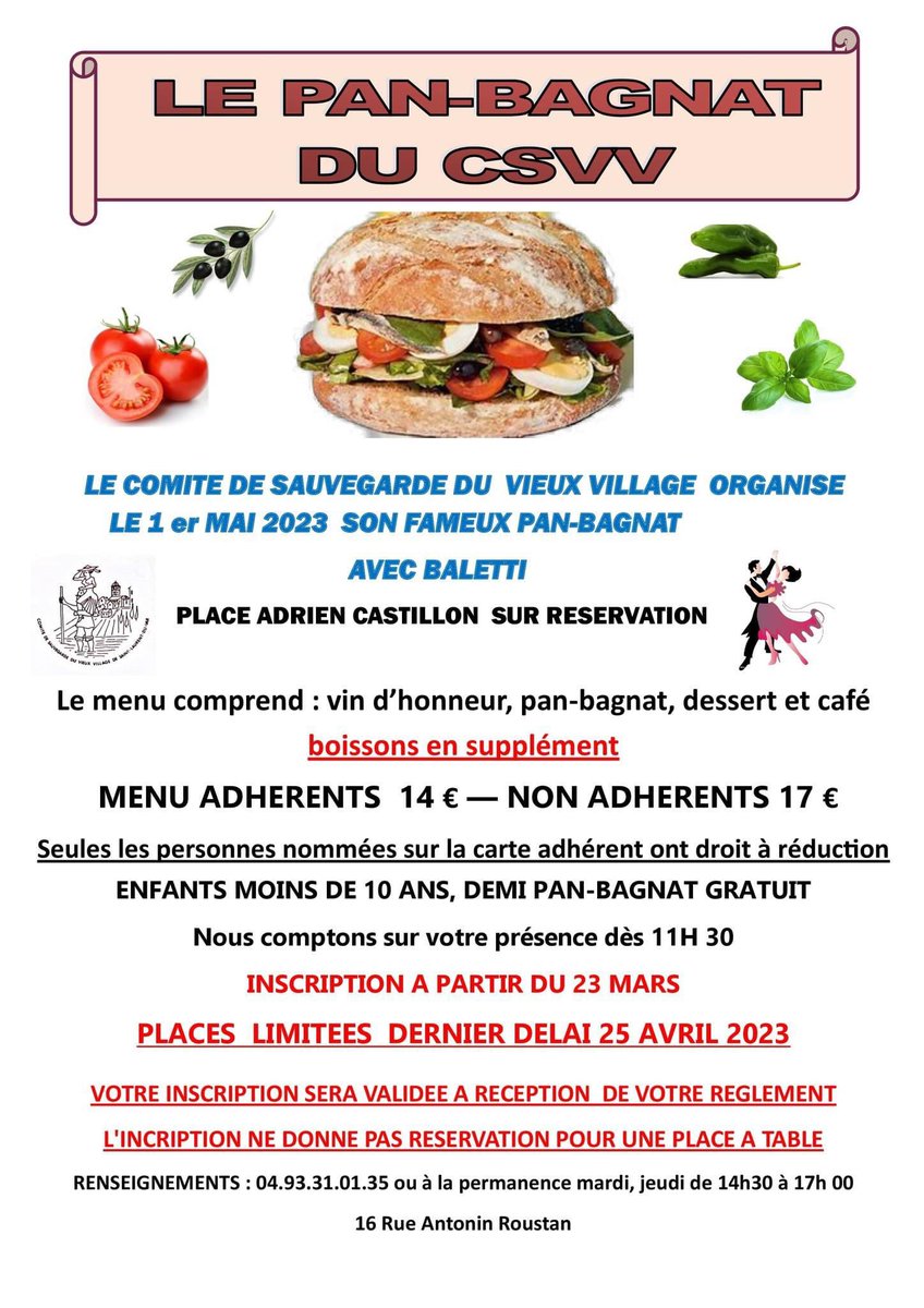 🥙#Info #Slv06 #CSVV

Le comité de sauvegarde du vieux village de #SaintLaurentDuVar organise le 1er mai son fameux #PanBagnat sur la Place Castillon.

Réservations ouvertes jusqu’au 25/04.