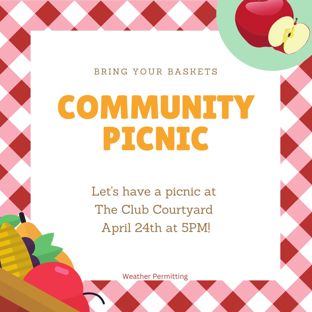 Join us April 24th for a Community Picnic! We will barbequing in the court yard between buildings 3,4,5, and 6. Food and drinks will be provided. If you would like to bring something please let the office know! #oneclubonecommunity #clubcommunity #chandlercommunity...