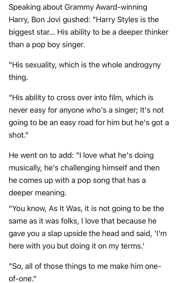 “Harry Styles is the biggest star…I love what he's doing musically, he's challenging himself and then he comes up with a pop song that has a deeper meaning […] So, all of those things to me make him one-of-one.” - Jon Bon Jovi on Harry for Table for Two with Bruce Bozzi