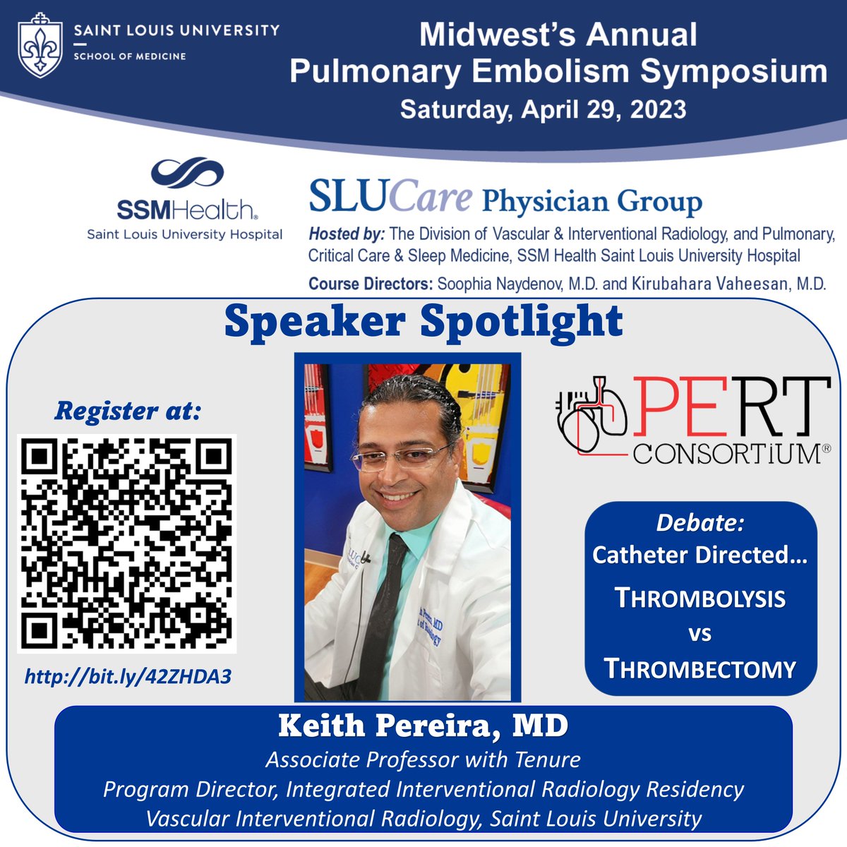 SLU Emergency Medicine Residency (@sluemres) on Twitter photo Dr. Assaf Graif @agraif vs Dr. Keith Pereira <a href="/keithppereira/">Keith Pereira MD, #VIrad</a>
'Catheter Directed Thrombolysis vs Thrombectomy'
Sat, April 29
Midwest Pulmonary Embolism Symposium <a href="/PERTConsortium/">The PERT Consortium®</a>
Register: bit.ly/42ZHDA3
Speakers: <a href="/vic_tapson/">Vic Tapson</a> <a href="/RosovskyRachel/">Rachel Rosovsky</a> <a href="/heresi_gustavo/">Gustavo Heresi, MD, MS</a> <a href="/chriskabrhel/">Christopher Kabrhel</a> Dr. Assaf Graif @agraif vs Dr. Keith Pereira <a href="/keithppereira/">Keith Pereira MD, #VIrad</a>
'Catheter Directed Thrombolysis vs Thrombectomy'
Sat, April 29
Midwest Pulmonary Embolism Symposium <a href="/PERTConsortium/">The PERT Consortium®</a>
Register: bit.ly/42ZHDA3
Speakers: <a href="/vic_tapson/">Vic Tapson</a> <a href="/RosovskyRachel/">Rachel Rosovsky</a> <a href="/heresi_gustavo/">Gustavo Heresi, MD, MS</a> <a href="/chriskabrhel/">Christopher Kabrhel</a>