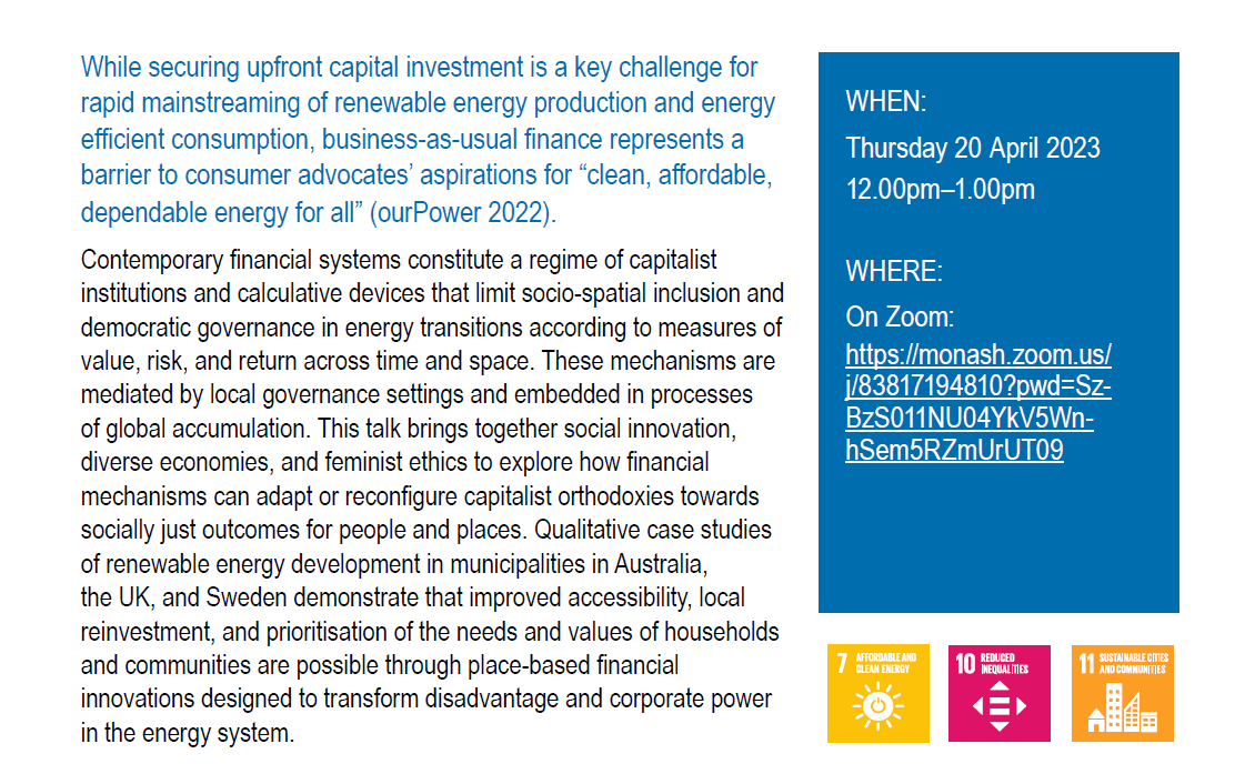 Paris Hadfield (@parishadfield) on Twitter photo 🗓️ I'll be discussing my research on "Financing Just Energy Transitions for People and Places" tomorrow on Zoom as part of the <a href="/MonashMSDI/">Monash Sustainable Development Institute</a> Seminar Series, chaired by Prof <a href="/Robraven/">Rob Raven</a>
⏰ Come along at 12pm AEST this Thursday April 20 (DM for the Zoom link if you need 😊) 🗓️ I'll be discussing my research on "Financing Just Energy Transitions for People and Places" tomorrow on Zoom as part of the <a href="/MonashMSDI/">Monash Sustainable Development Institute</a> Seminar Series, chaired by Prof <a href="/Robraven/">Rob Raven</a>
⏰ Come along at 12pm AEST this Thursday April 20 (DM for the Zoom link if you need 😊)