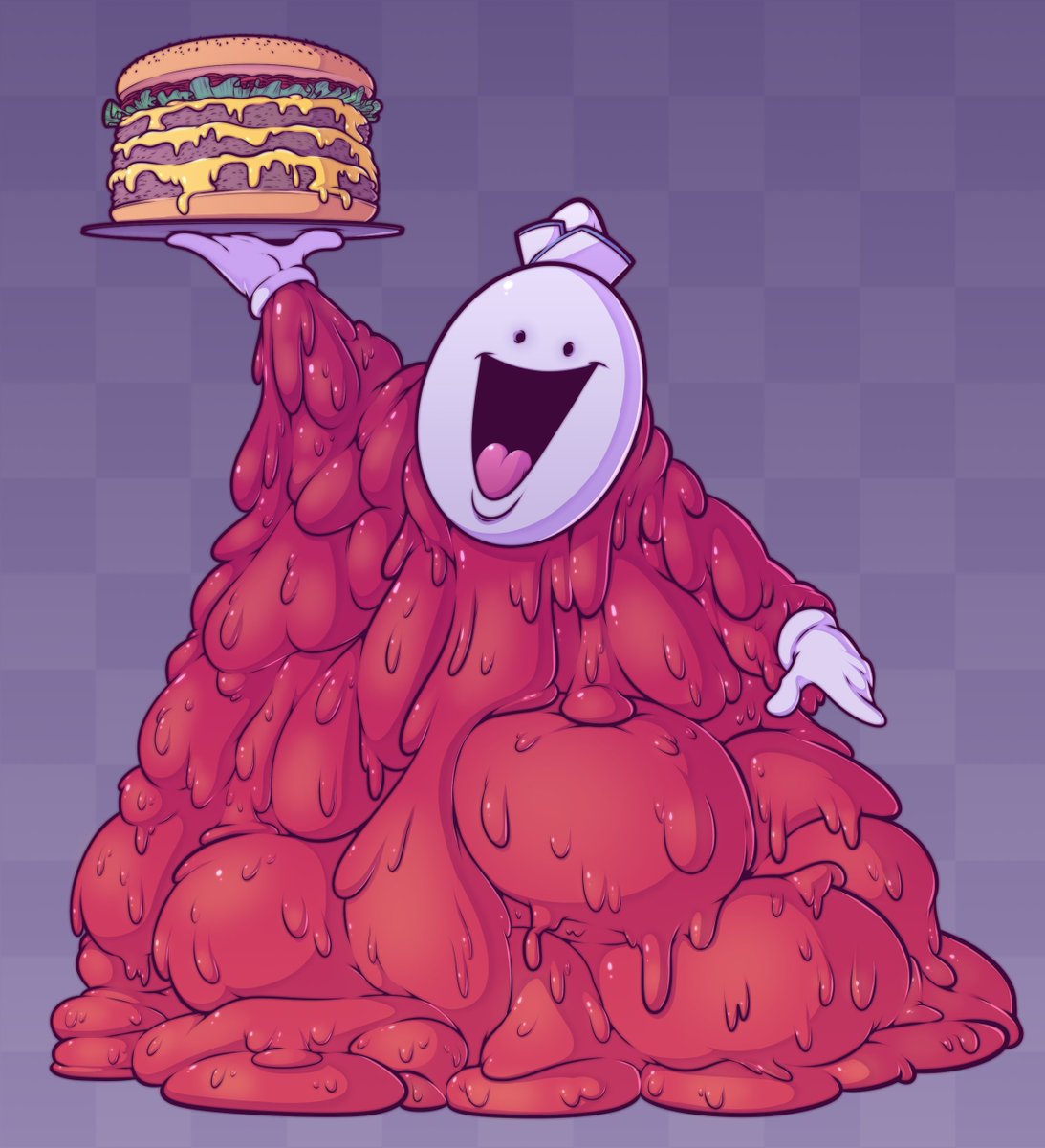 WeirdRikert's tweet photo. A character I want to get around to using in a game is Greasio, the sentient grease / meat thing that owns and runs a fast food joint named after itself. #gamedev #IndieGameDev #characterdesign https://t.co/DGtzH5m1ie