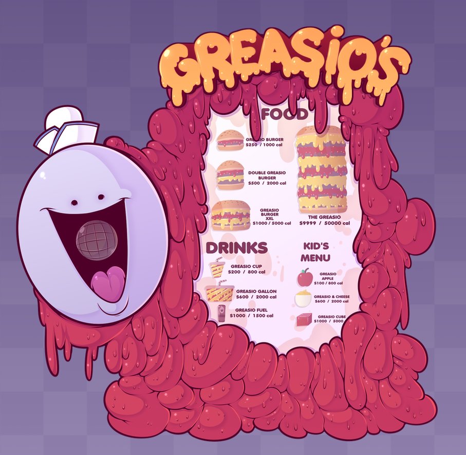 WeirdRikert's tweet photo. A character I want to get around to using in a game is Greasio, the sentient grease / meat thing that owns and runs a fast food joint named after itself. #gamedev #IndieGameDev #characterdesign https://t.co/DGtzH5m1ie