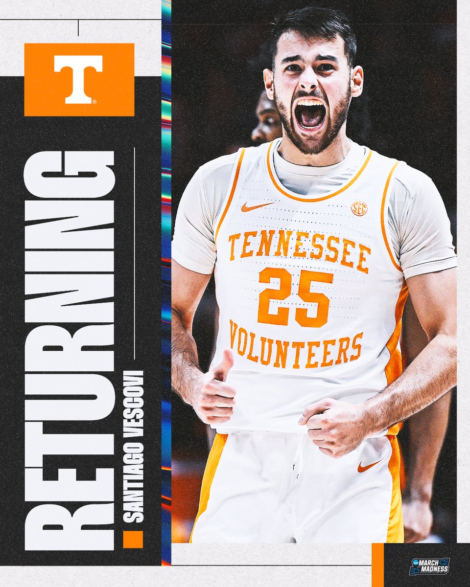 MarchMadnessMBB's tweet photo. Back again with the Vols! 🟠⚪️

Santiago Vescovi announced that he’s returning for another season with @Vol_Hoops 🔥 https://t.co/k1EayaQ64Q