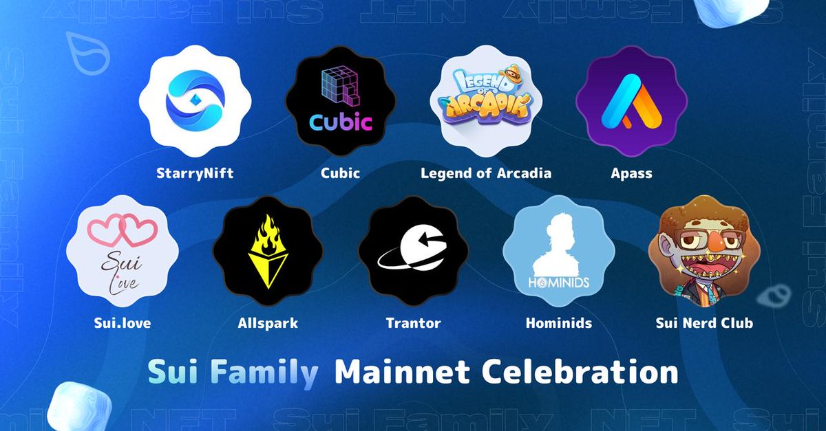 <a href="/SuiNetwork/">Sui</a> <a href="/suiet_wallet/">Suiet | Sui Wallet</a> <a href="/EthosWalletXYZ/">Ethos ✨ Wallet</a> <a href="/martian_wallet/">Martian</a> <a href="/surf_wallet/">Surf | Sui Wallet</a> @BitKeepOS <a href="/TokenPocket_TP/">TokenPocket</a> <a href="/WelldoneStudio_/">WELLDONE Studio by DSRV</a> <a href="/ShinamiCorp/">Shinami</a> <a href="/blockvisionhq/">BlockVision</a> <a href="/ChainbaseHQ/">Chainbase (💜,💛)</a> <a href="/MoveBit_/">MoveBit</a> <a href="/dsrvlabs/">DSRV</a> <a href="/4everland_org/">4EVERLAND | Web3 AI Cloud Platform</a> <a href="/zokyo_io/">zokyo</a> <a href="/switchboardxyz/">Switchboard ⚡️</a> <a href="/BlueMove_OA/">BlueMove</a> <a href="/nft_souffl3/">Souffl3 🫐</a> @Somisxyz <a href="/mobius_market/">Mobius</a> <a href="/ComingChatApp/">ComingChat</a> <a href="/Clutchy_io/">Candy Pocket</a> <a href="/Maxi_sui/">Maxi_sui</a> <a href="/GallerySui/">Sui Gallery</a> @shoshinsquare The #Suinami NFT projects to participate in the #SUIFamilyMainnetCelebration

<a href="/StarryNift/">StarryNift</a> <a href="/cubicgamesxyz/">Cubic 🎮</a> <a href="/LegendofArcadia/">Legend of Arcadia I #LOAS4 Coming 👻</a> <a href="/APassNetwork/">APass</a> <a href="/SuiI_DriveWeb3/">Sui.Love</a> <a href="/AllsparkFinance/">Allspark</a> <a href="/TrantorNetwork/">Trantor</a> @_Hominids_ <a href="/NerrrrrdClub/">Sui Nerd Club💧</a>