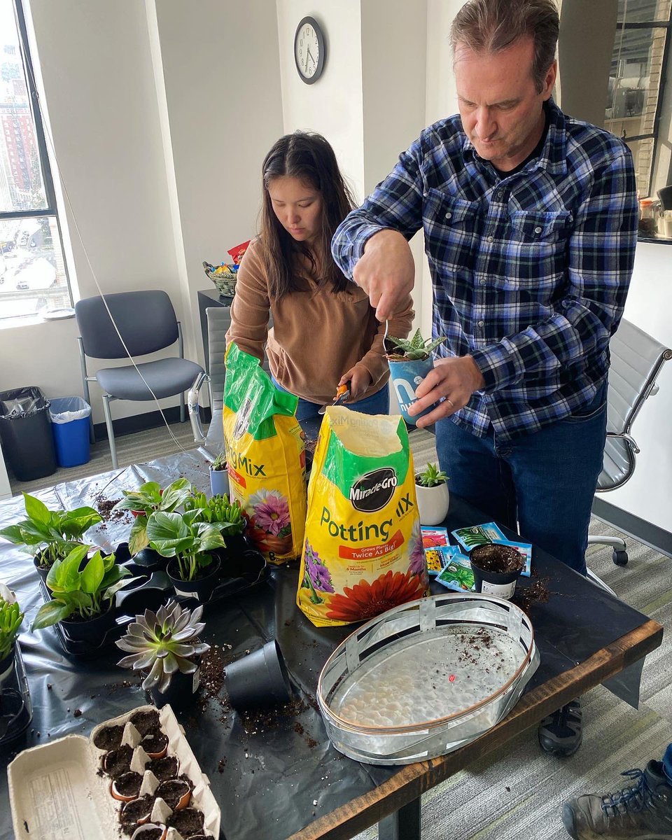 FarallonLLC's tweet photo. The Seattle office is kicking off Earth Week by re-potting and adopting starter plants in upcycled containers! 🌱♻️ #earthday #plants #upcycle https://t.co/jfY2SZp6pA