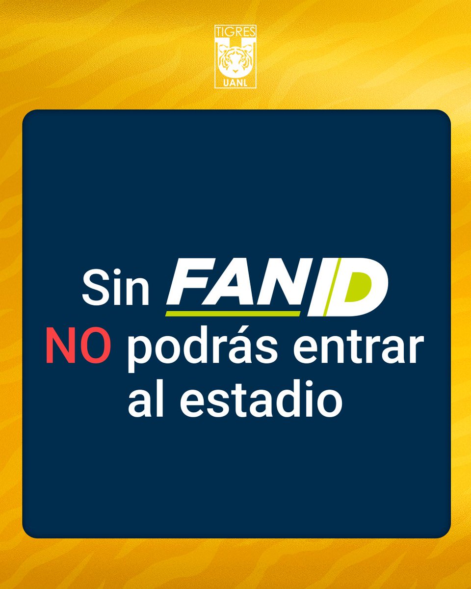 TigresOficial's tweet photo. 🚨 ¡Ojo, Incomparables! 🐯

🪪  Recuerda que a partir de este jueves el Fan ID será obligatorio para todos los aficionados que asistan al Volcán.

📲 Regístrate aquí ⤵️
https://t.co/hdZK749MdD https://t.co/K8eOx7VlLc