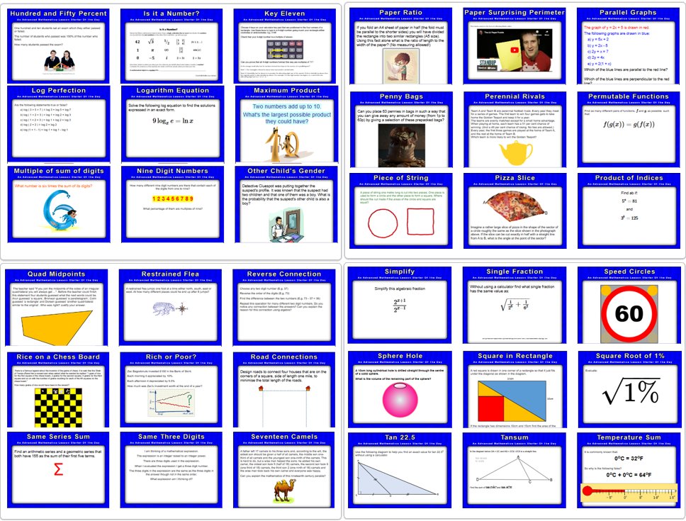 Transum's tweet photo. I keep adding new Advanced Maths Lesson Starters to the collection as I use them myself so often. I also add them to share with you of course so I hope you and your Year 12 students enjoy them.
👉https://t.co/akcYG9L2UJ
#mathsresources #mathschat #mathchat #IBmaths #AlevelMaths https://t.co/YZcpfvoDAY