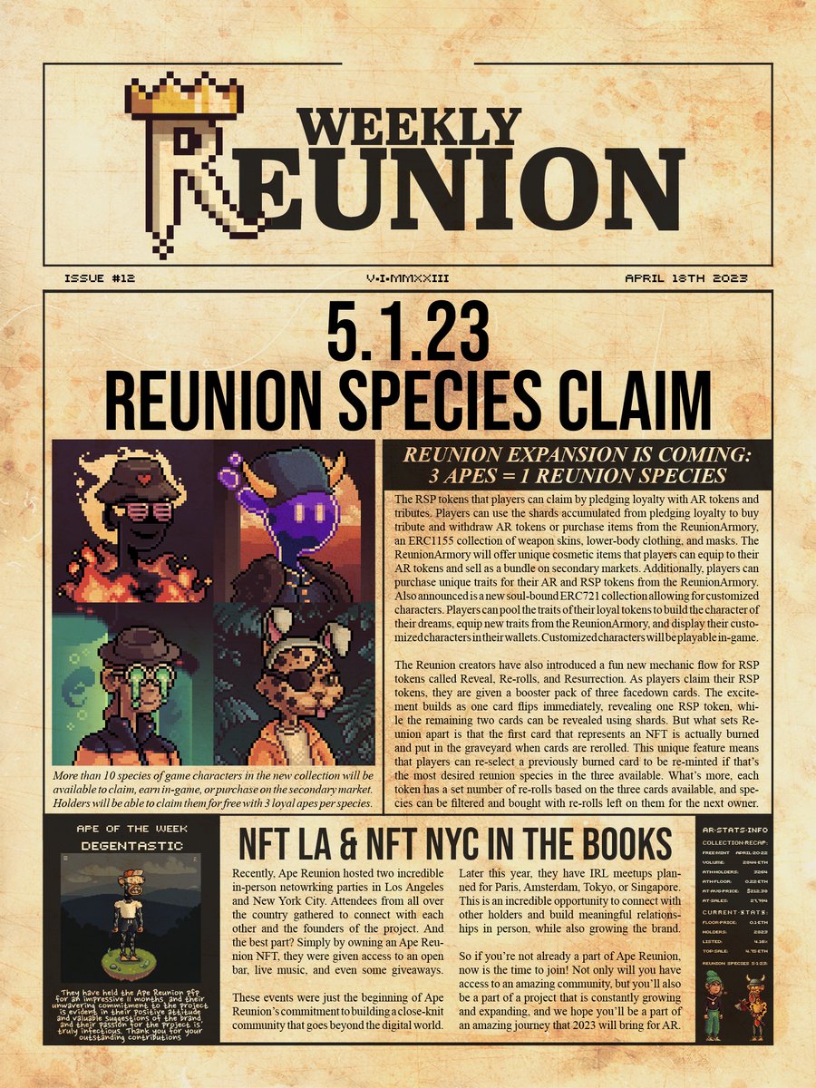 🗞️ Extra Extra, Read all about it! 12th Edition of #ReunionWeekly is out  📰 Free claim soon &amp; IRL events were a success! 👑 #RSP #ApeReunion
