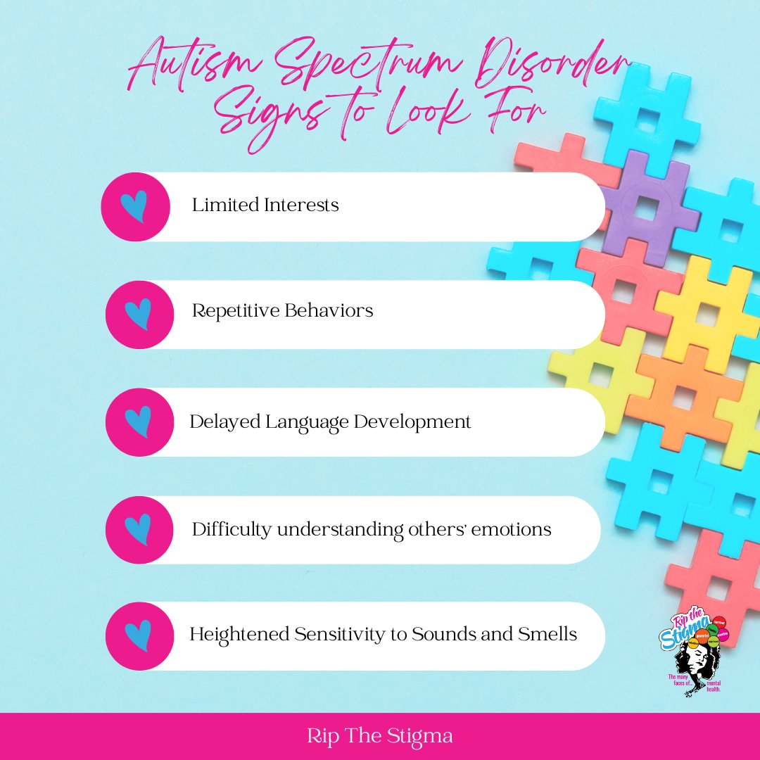 ripthestigma's tweet photo. Autism Spectrum Disorder (ASD) affects people of all ages but is most commonly diagnosed in children.   

Here are some signs that may indicate autism.  

Although not all children with autism show signs, signs may become apparent by the age of two or three.  

#ripthestigma #ASD https://t.co/28gY8av474