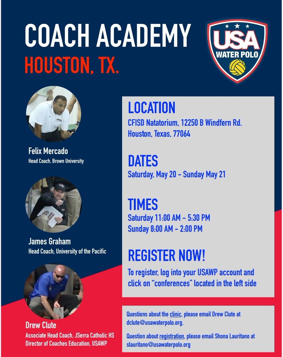 USAWP's tweet photo. Texas area coaches!

Don't miss out on the upcoming USA Water Polo Coach Academy in Houston. Discount for USAWP members but open to all. You'll need to have a USAWP account to register.

Sign-Up Now: https://t.co/CEqAB1VCZK @USAWP_CoachesEd https://t.co/9TgFELr0Ww