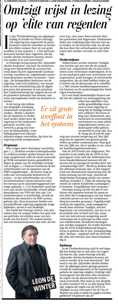 Leon de Winter prijst Pieter Omtzigt die 'overtuigend vaststelt dat deze elite chronisch de regels van de democratische rechtsstaat overtreedt'.
Geweldige column 🎯