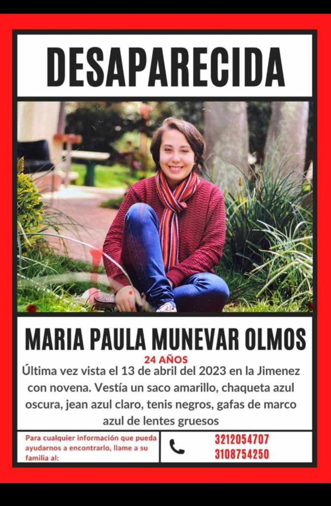 mjsarmientoa's tweet photo. Ayúdennos a encontrar a María Paula Munevar Olmos. Favor difundir.  #Desaparecida https://t.co/haK0sxYvmv
