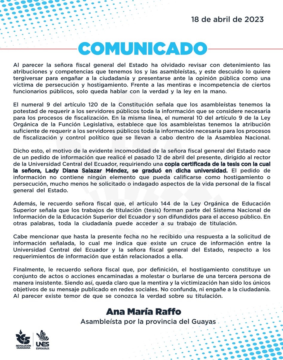 Ana María Raffo G. (@anaraffo1) on Twitter photo A <a href="/DianaSalazarM2/">Diana Salazar M.</a>, fiscal general del Estado, le ha molestado, al punto de mentir a la ciudadanía, la solicitud de una copia certificada de la tesis con la que obtuvo su título universitario en la facultad de jurisprudencia de la Universidad Central del Ecuador. ¿Oculta algo? A <a href="/DianaSalazarM2/">Diana Salazar M.</a>, fiscal general del Estado, le ha molestado, al punto de mentir a la ciudadanía, la solicitud de una copia certificada de la tesis con la que obtuvo su título universitario en la facultad de jurisprudencia de la Universidad Central del Ecuador. ¿Oculta algo?