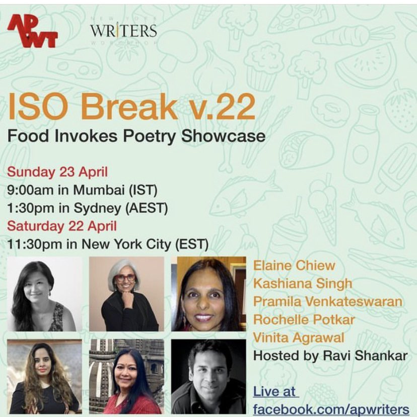 vinita65's tweet photo. So looking forward to IsoBreak#22! We get going on Saturday, April 22 at 11:30 PM (NYC EST) / Sunday April 23 9:00 AM (IST) & 1:30 PM (AEST) / You can join us live using this link: https://t.co/uCg4fu8Yt8 #apwt #cookingpoems #poetry #poetryreading #poetryseries #poems https://t.co/xZy77Wz5WP