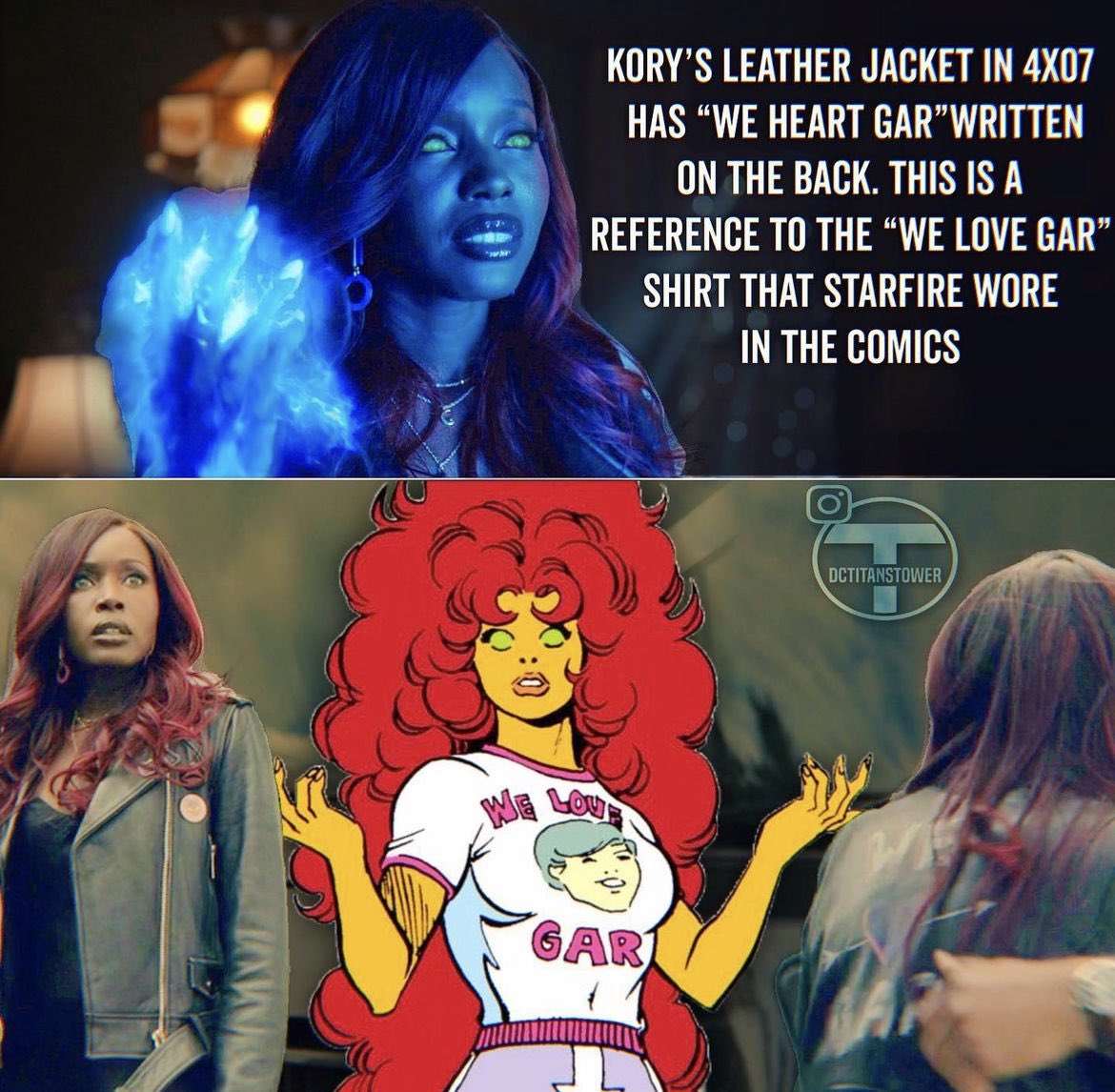 toyeadedipe's tweet photo. I went down the rabbit whole looking at old comic book references of star-fire and decided to hand paint this jacket for the show! SF is such a bad-ass that she need a bad-ass motorcycle jacket to replace the fur 😂 😈 (if you know you know) https://t.co/DwEBAr0Gun