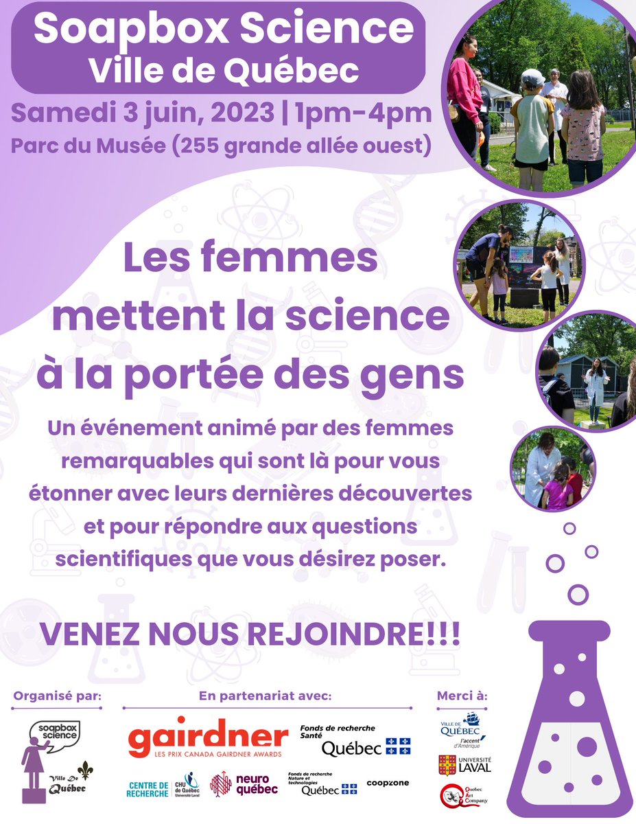 AlessPecora's tweet photo. ✨Êtes-vous prêts pour la prochaine édition de Soapbox Science - Québec? Nous le sommes✨Le 3 juin 2023 de 1pm à 4pm au Parc du Musée à Québec, 12 femmes scientifiques extraordinaires présenteront leurs travaux et seront sur place pour répondre à vos curiosités scientifiques. 👩🏻‍🔬 https://t.co/ZyIVPVQy0l