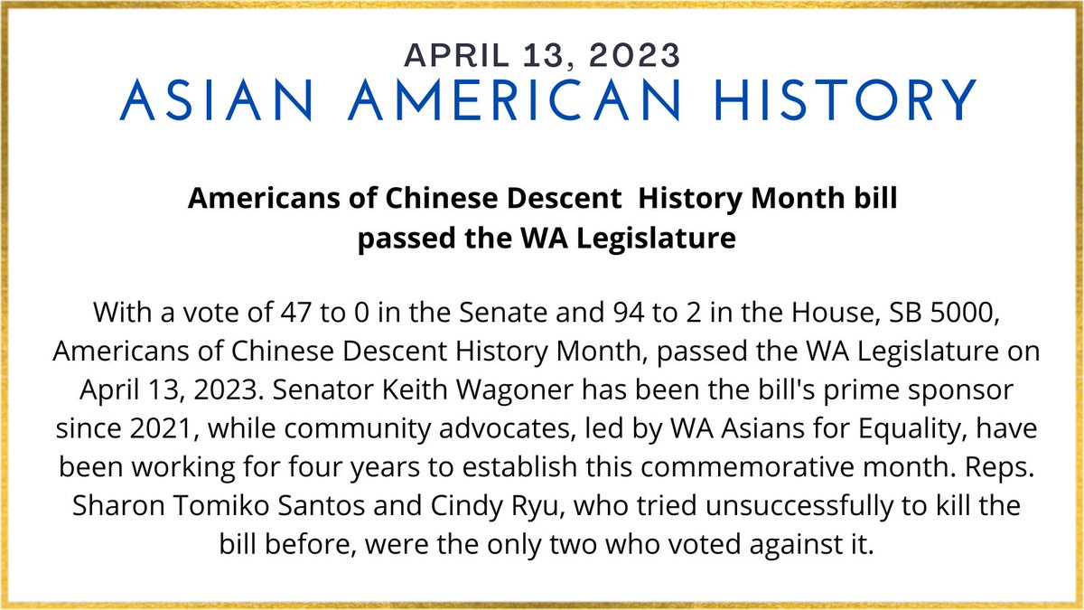 waasianequality's tweet photo. The President of the Senate and the Speaker of the House signed SB 5000, Americans of Chinese History Month today. Thank you, #waleg ! https://t.co/MKrVQgRIUZ