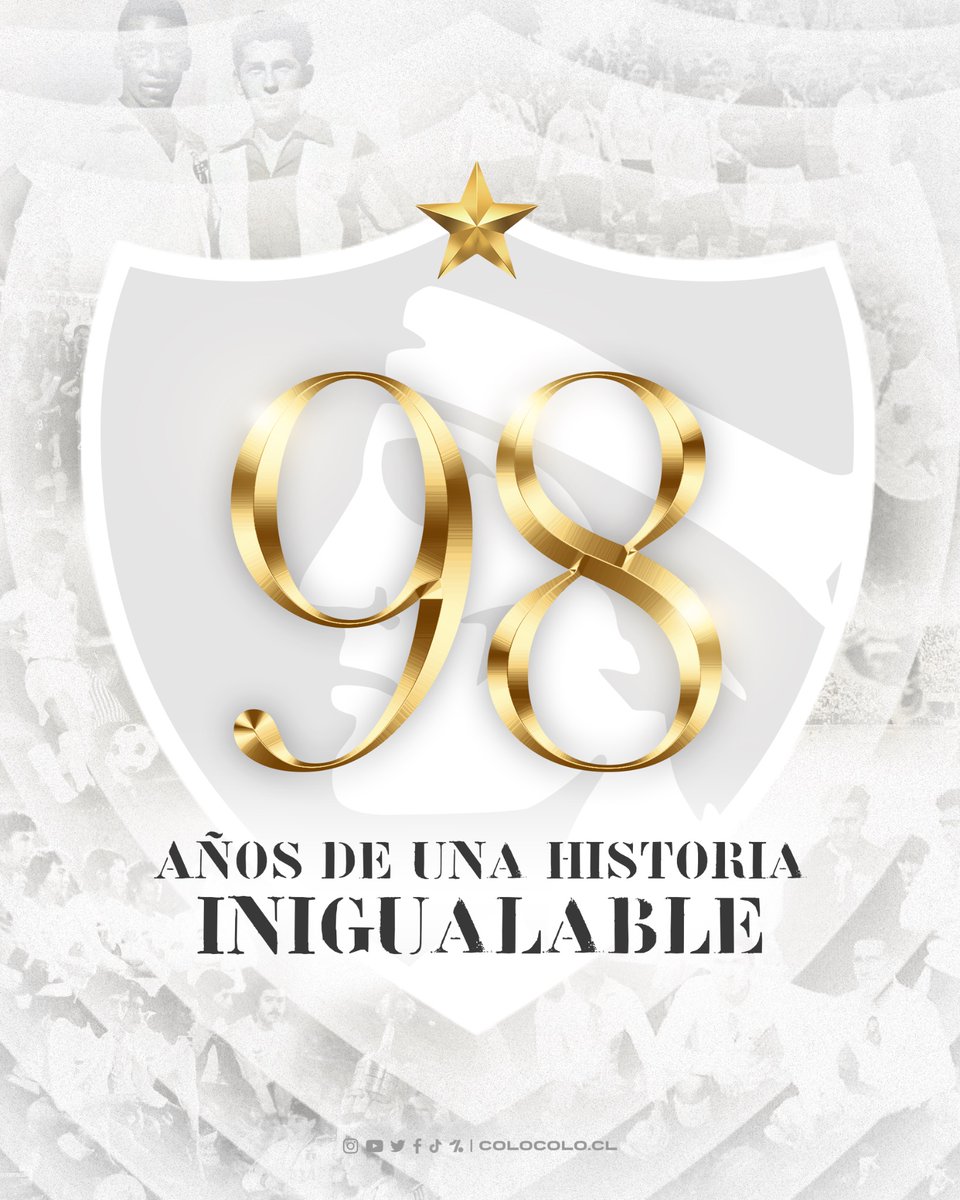 ColoColo's tweet photo. ⭐️ ¡𝟗𝟖 𝐚𝐧̃𝐨𝐬 de historia y grandeza! 

Hoy como campeones y campeonas del fútbol chileno, celebramos un nuevo aniversario del #MásGrande, ¡felicidades pueblo colocolino! 🤟🏼⚪️⚫️ 

#98AñosDeHistoria 
#AniversarioColoColo https://t.co/7qjiHpKU3M