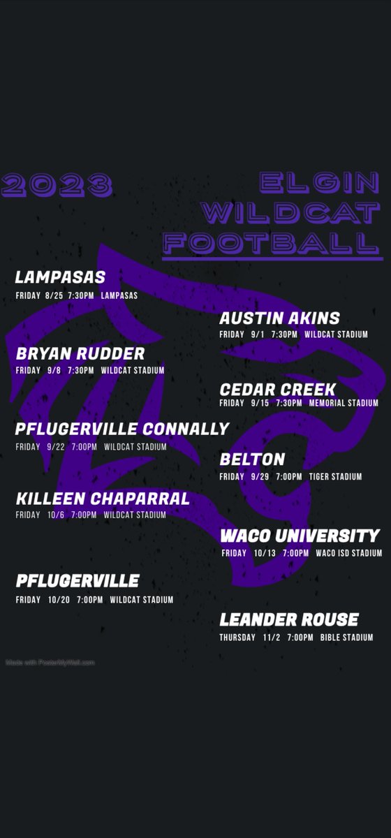 And here it is!! The 2023 <a href="/etxhsfb/">Elgin Wildcat Football</a> varsity schedule!! #UTD #NEW23ASON 
<a href="/ElginTxISD/">Elgin ISD</a> <a href="/ELGINISD_EHS/">ELGIN HIGH SCHOOL</a>