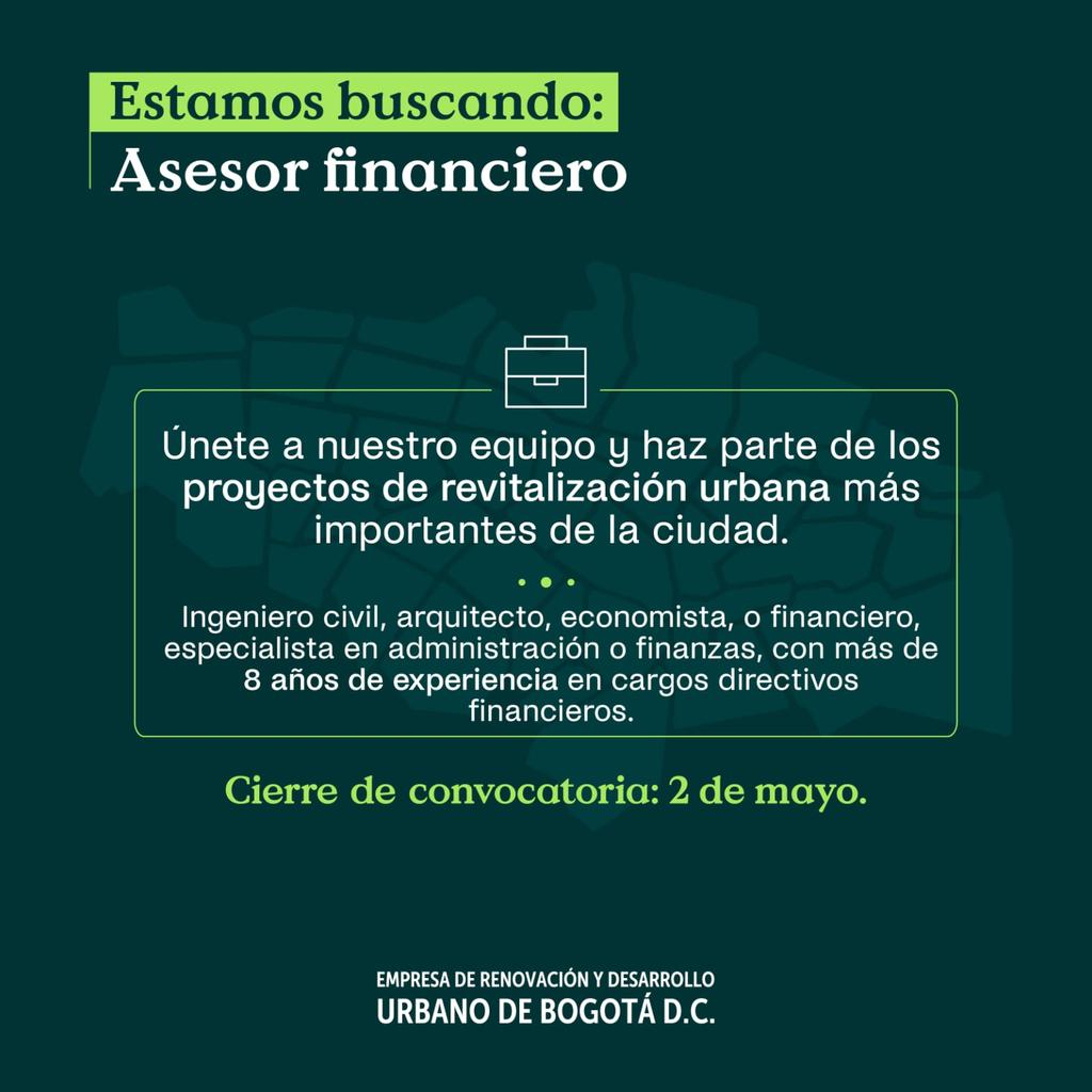 RenoBo_Bogota's tweet photo. #TrabajoSíHay | ¡Si eres profesional especialista en administración o finanzas, tenemos una oportunidad para ti!

✅En la @EruBogota estamos buscando nuestro asesor financiero.

¡Pasa la voz! Consulta más aquí  y postúlate 👉 https://t.co/3AX0BdjrJU https://t.co/bcCbeBUpit