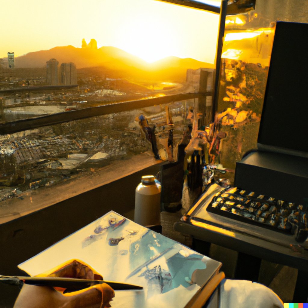 IndiciaLit's tweet photo. "writing a poem and painting golden hour in los angeles while watching baseball" 

- weekly dall-e 2 image #54 https://t.co/f0j1iEfPqL