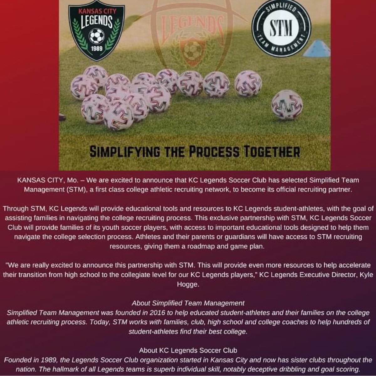 We are excited to be working with <a href="/LegendsSoccer10/">KC Legends Soccer Club</a> The opportunity to help student athletes and their families navigate the recruiting process is a win all around. #1stm2016