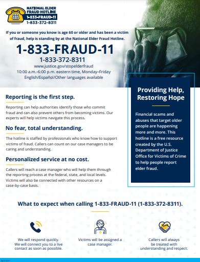 PWCPolice's tweet photo. ELDER FRAUD: If you or someone you know has been a victim of elder fraud, help is standing by at the National Elder Fraud Hotline.
833–FRAUD–11
or 833–372–8311
Monday–Friday, 10:00 a.m.–6:00 p.m.
English/Español/Other languages available #SeniorFraud https://t.co/ASG1PNzEzS