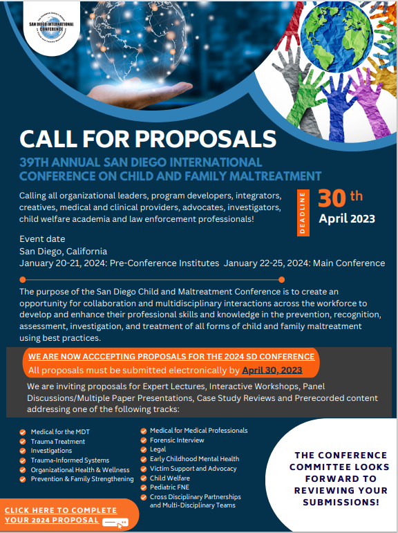 ChadwickCenter's tweet photo. π¨Call for Proposals!π¨
We are still accepting proposals for the 39th Annual San Diego International Conference on Child & Family Maltreatment! Proposals are due by 4/30/2023 at 11:00 pm PST.
https://t.co/LPlwBCtWrV https://t.co/wLY9XWDhbW