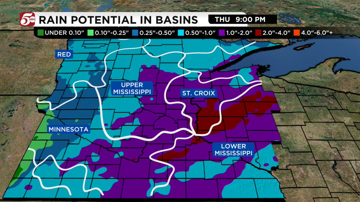 An inch of rain is possible in most of the river basins across Minnesota through Thursday. Locally higher amounts are possible.

This could keep rivers in major flood stage through the weekend, and potentially longer.

Here's my latest forecast: https://t.co/XkhfUv4v6I https://t.co/y7UbbCd8kj