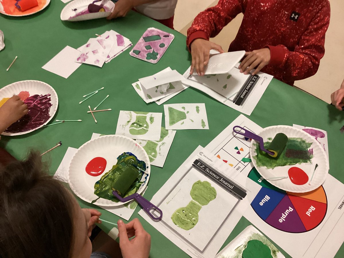 EASDpasquel's tweet photo. After school printing fun with #ClubInvention …we used scientific color mixing, paint rollers and we even created our own block print designs which transferred into print! #easd #scienceFun @EASDMarch @CampInvention @mrs_brodhead https://t.co/cXf6iO2a2M