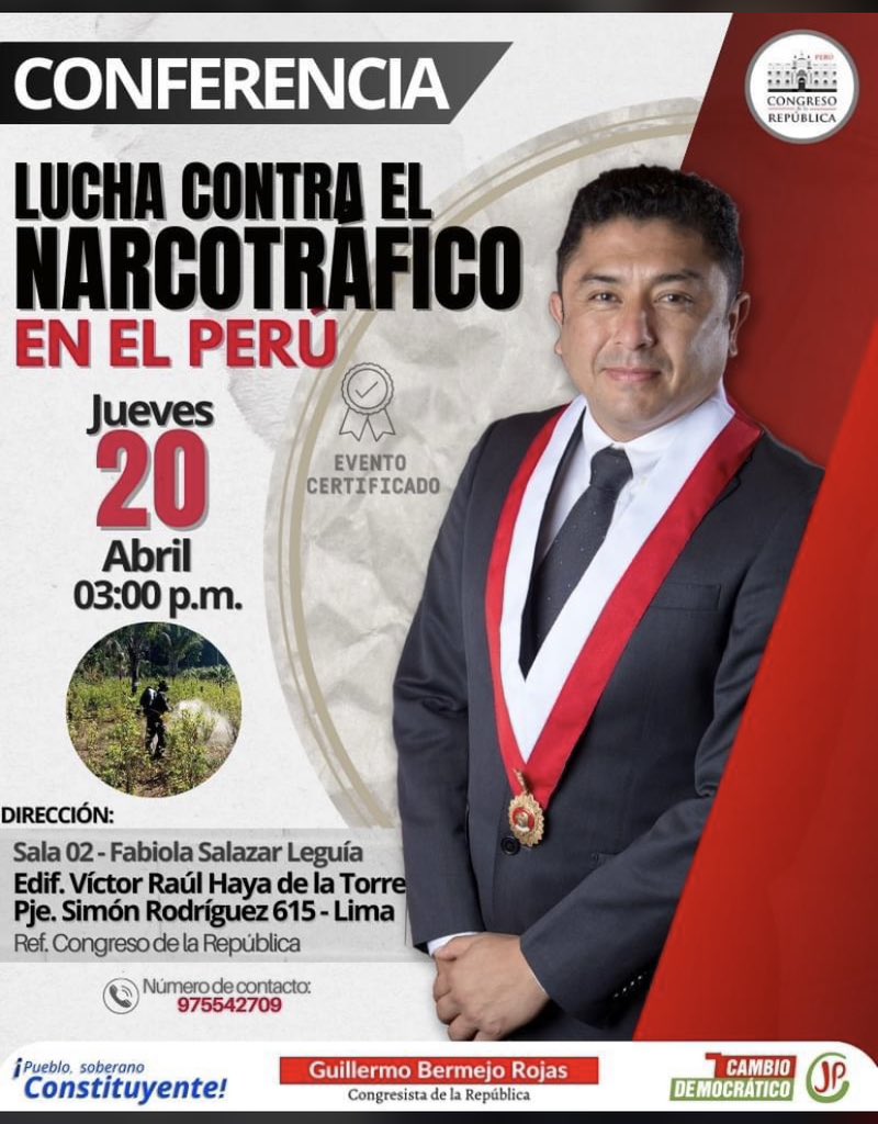 Lo que nos faltaba.Guillermo Bermejo el investigado por terrorismo y asiduo visitador de los campamentos en el VRAEM de los narco terrorista Quispe Palomino,dará una conferencia sobre narcotráfico. Solo falta que alguien postule para el nobel de la Paz a Anibal Torres. La locura.