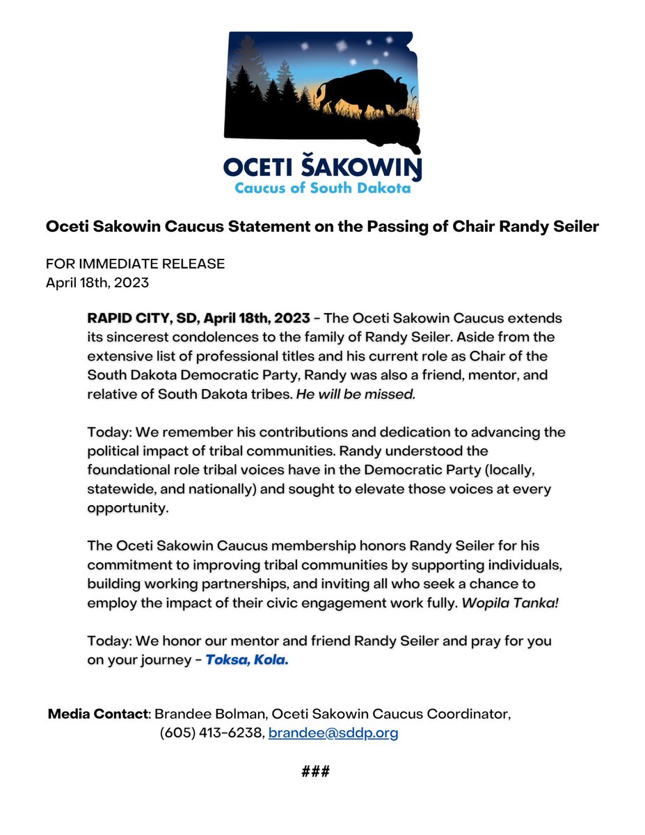 SDNativeCaucus's tweet image. There is no phrasing for goodbye to the Oceti Sakowin. Instead, we say see you later or walk well. 
Journey well, Randy, until we meet again.