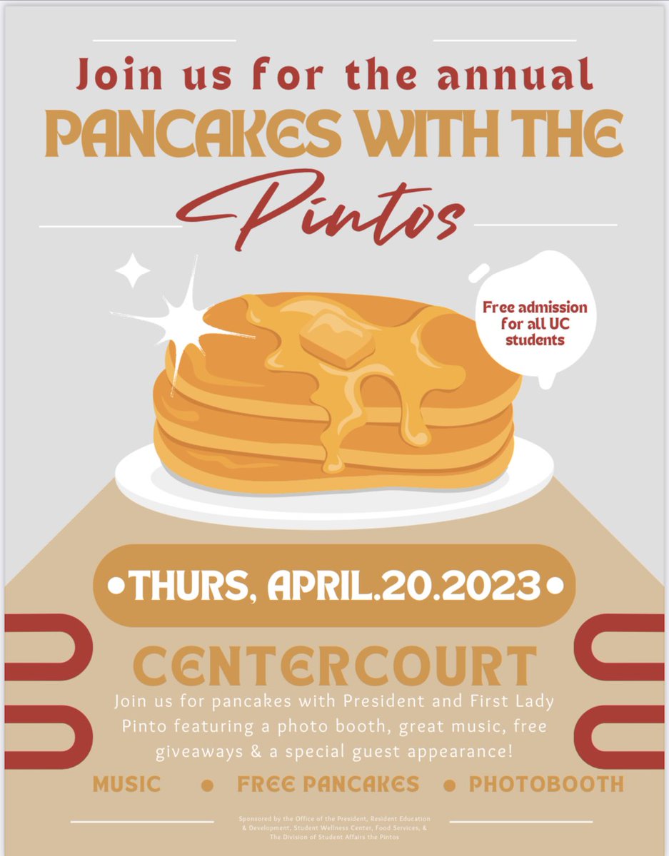 Prez_Pinto's tweet photo. Looking forward to treating all of our @uofcincy students to a study break from 9-12pm on Thursday at Center Court. Who plans on joining us for Pancakes with the Pintos? @ucfirstlady https://t.co/Z9LKJmo9u0