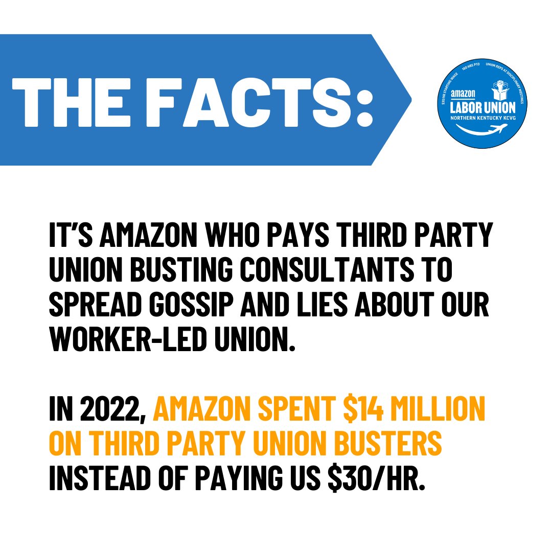 AmazonUnionKCVG's tweet photo. Amazon spent $14 million on Third Party, union-busting consultants in 2022. They are at KCVG right now saying: "Amazon Labor Union is a third party business"

That's a lie. Get the facts from co-workers, NOT management.

#UnionStrong #UnionizeAmazon https://t.co/xyhvLxjYYN