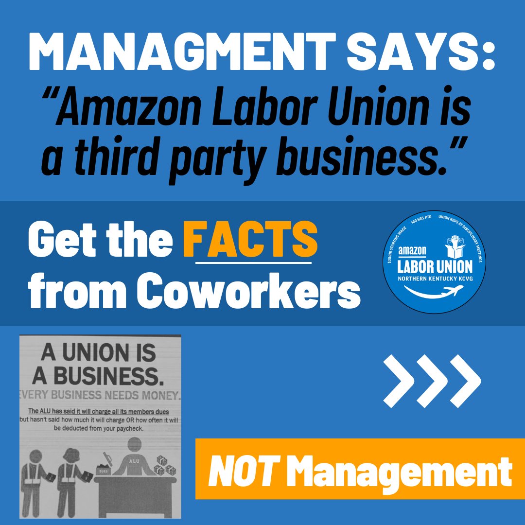 AmazonUnionKCVG's tweet photo. Amazon spent $14 million on Third Party, union-busting consultants in 2022. They are at KCVG right now saying: "Amazon Labor Union is a third party business"

That's a lie. Get the facts from co-workers, NOT management.

#UnionStrong #UnionizeAmazon https://t.co/xyhvLxjYYN
