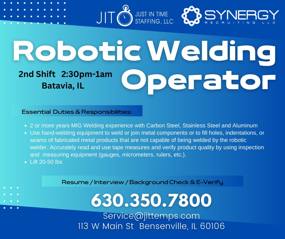 SynergyRecruite's tweet image. As a robotic welder, you will be responsible for setting up, operating and performing work in a robotic  welding cell using industrial welding robots to fabricate metal parts and components according to customer  specifications.

#robotc   #welding  #westaffbetter   #jitsynergy