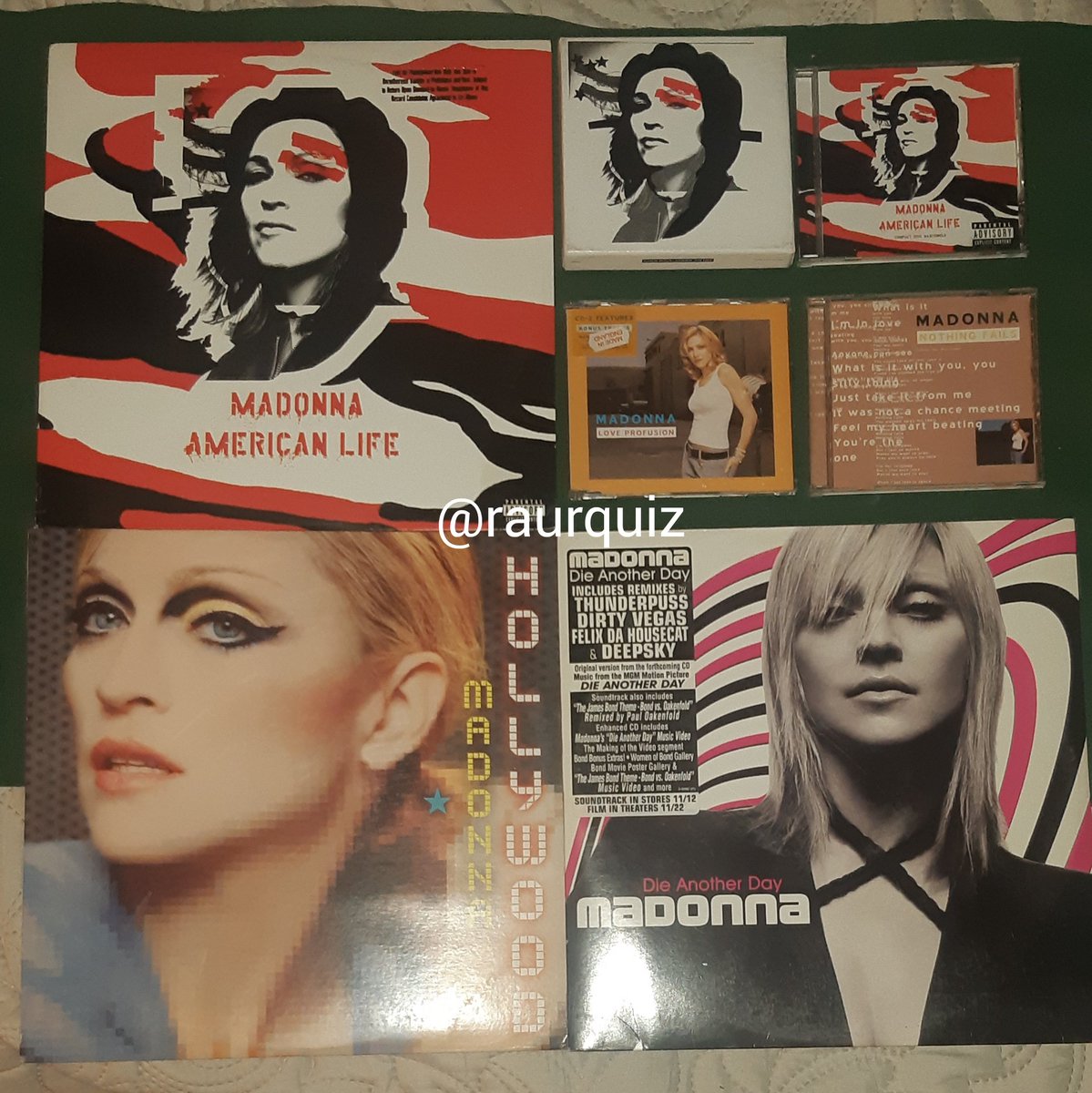 raurquiz's tweet photo. #otd @madonna #madonna #americanlife #specialedition #hollywood #imsostupid #nobodyknowsme #nothingfails #intervention #xtaticprocess #motherandfather #dieanotherday #easyride #cd #vinyl #vinilo @Maverick @warnermusic @soundstoryuk @Albumism https://t.co/Qx6CUrImIZ