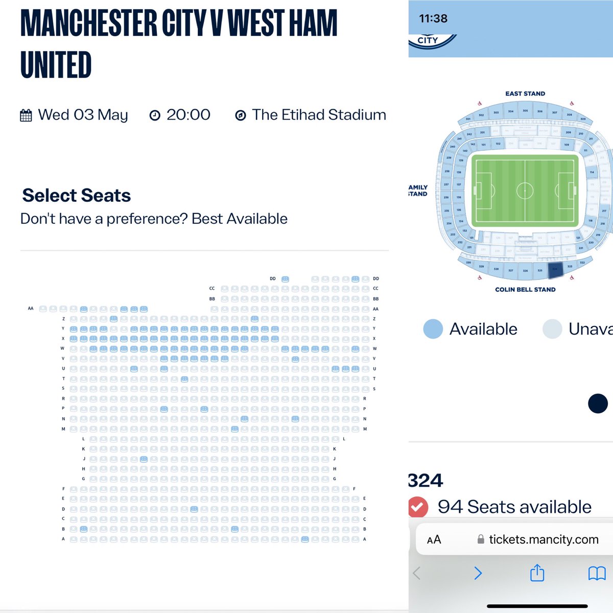 Is it true Man City don’t fill their stadium? Well, I went on their website tonight to check availability (I assumed this would be limited due to the historic Treble run-in). 
You can buy tickets and sit together in a group of 30+ mates for a league game in 2 weeks. #emptyhad