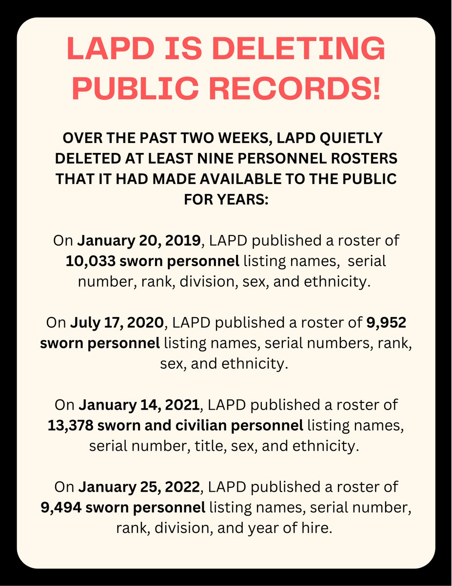 stoplapdspying's tweet photo. WE CAUGHT LAPD DESTROYING PUBLIC RECORDS!

Over the past two weeks, LAPD has been quietly deleting all personnel rosters from city websites. 

These are public records! Download them here:
https://t.co/PGI4AoVu4Y https://t.co/d7QZsgjLEI