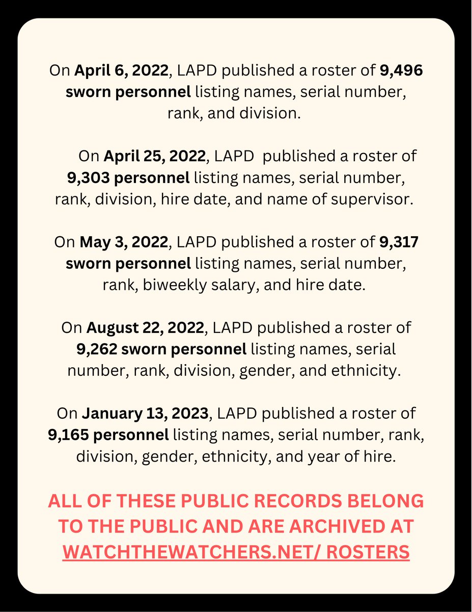 stoplapdspying's tweet photo. WE CAUGHT LAPD DESTROYING PUBLIC RECORDS!

Over the past two weeks, LAPD has been quietly deleting all personnel rosters from city websites. 

These are public records! Download them here:
https://t.co/PGI4AoVu4Y https://t.co/d7QZsgjLEI