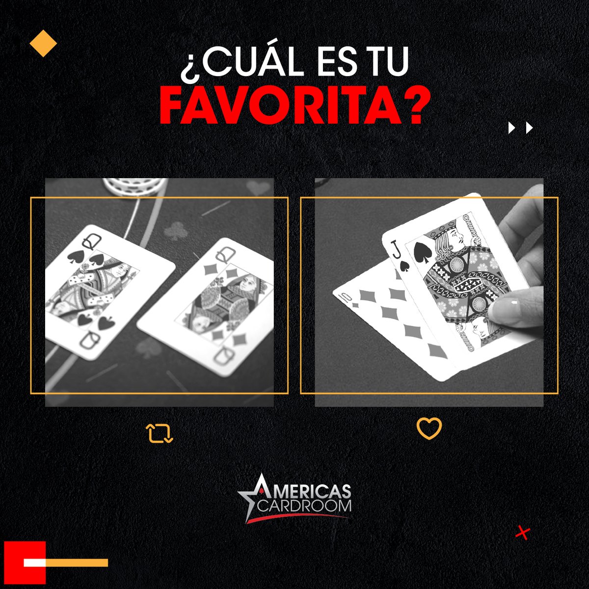 AcrPokerLatam's tweet photo. Dos manos pero sólo puedes escoger una. 🤔
¿Cuál? +❤️+🔄 + Nick
ℚ♠️ ℚ♦️ • 𝕁♦️ 𝟙𝟘♠️
——
#juego #poker #ACR #martes #venom #venompko #thenextmoneymaker https://t.co/asfWLJeCYn