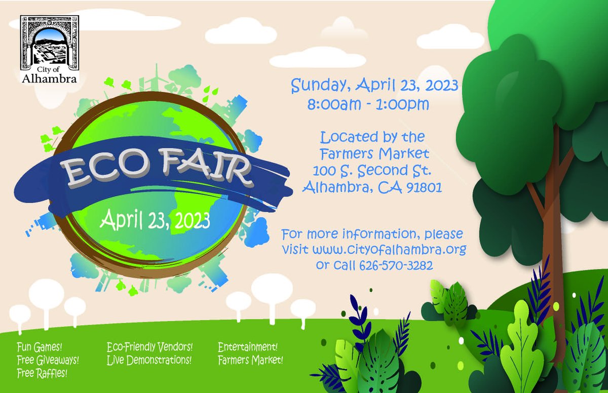 🌎 Don't miss out on this year's Eco Fair! Fun games, free giveaways, live entertainment and more take place by the Alhambra Farmers' Market on Sunday, April 23rd, from 8AM to 12PM. ♻️