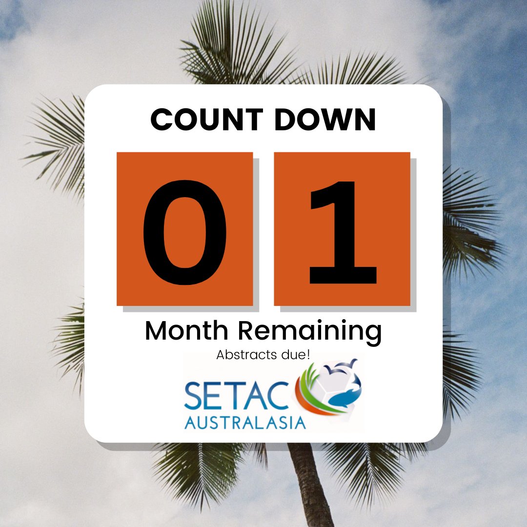 🚨The coundown is on! 🚨

There is 1 MONTH left till abstract submission close for #SETACAU2023

Have some cool #ecotox science you want to share with a variety of #stakeholders in a tropical paradise? Submit an abstract asap!