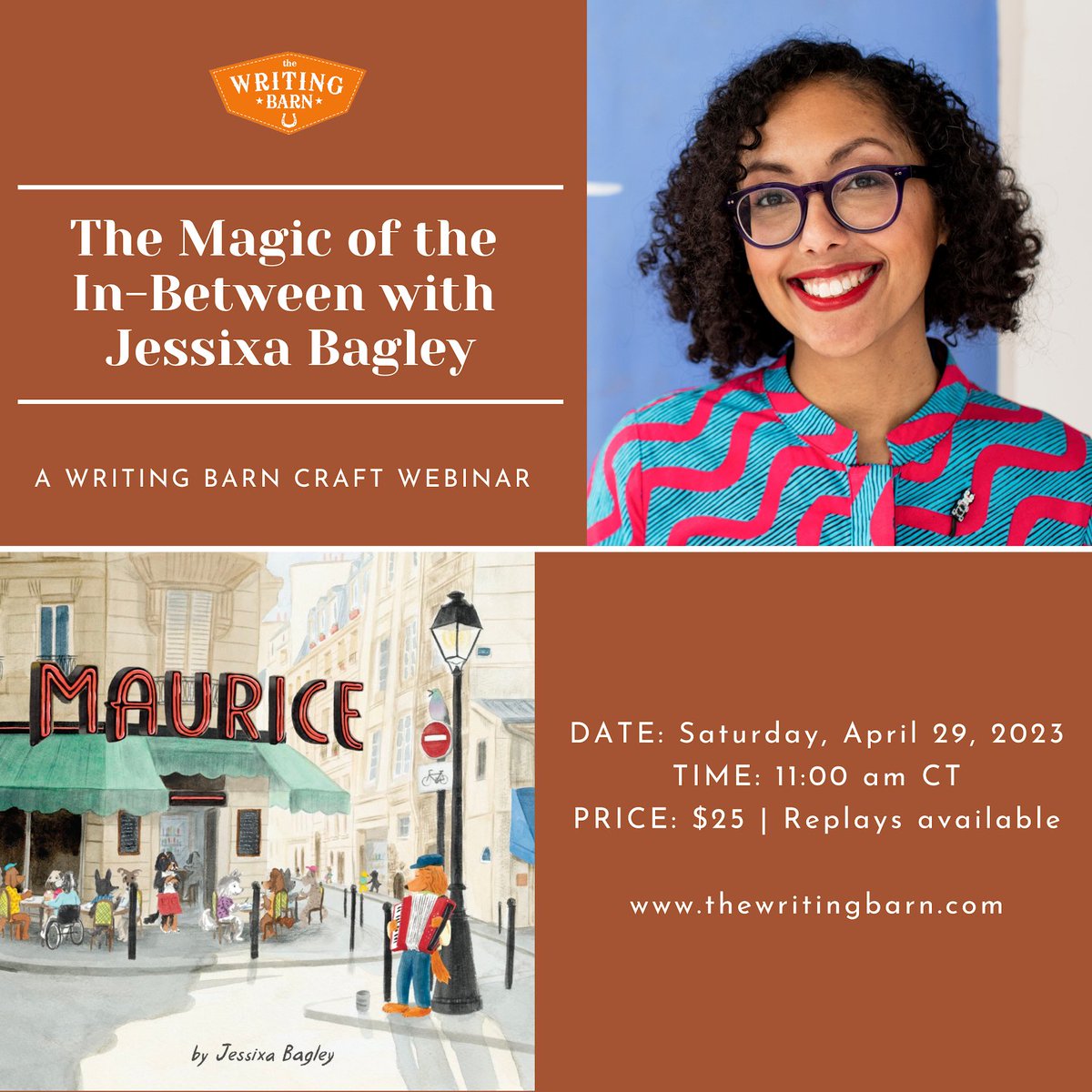 Jessixa Bagley (@jessixabagley) on Twitter photo So excited for my upcoming webinar with <a href="/TheWritingBarn/">The Writing Barn</a> In this class we’ll take a closer look at what makes picture books so magical- the story that is beneath the story.
Saturday April 29, 2023
Time: 11:00 AM - 12:30 PM CT (check your timezone
thewritingbarn.regfox.com/craft-webinar-… So excited for my upcoming webinar with <a href="/TheWritingBarn/">The Writing Barn</a> In this class we’ll take a closer look at what makes picture books so magical- the story that is beneath the story.
Saturday April 29, 2023
Time: 11:00 AM - 12:30 PM CT (check your timezone
thewritingbarn.regfox.com/craft-webinar-…