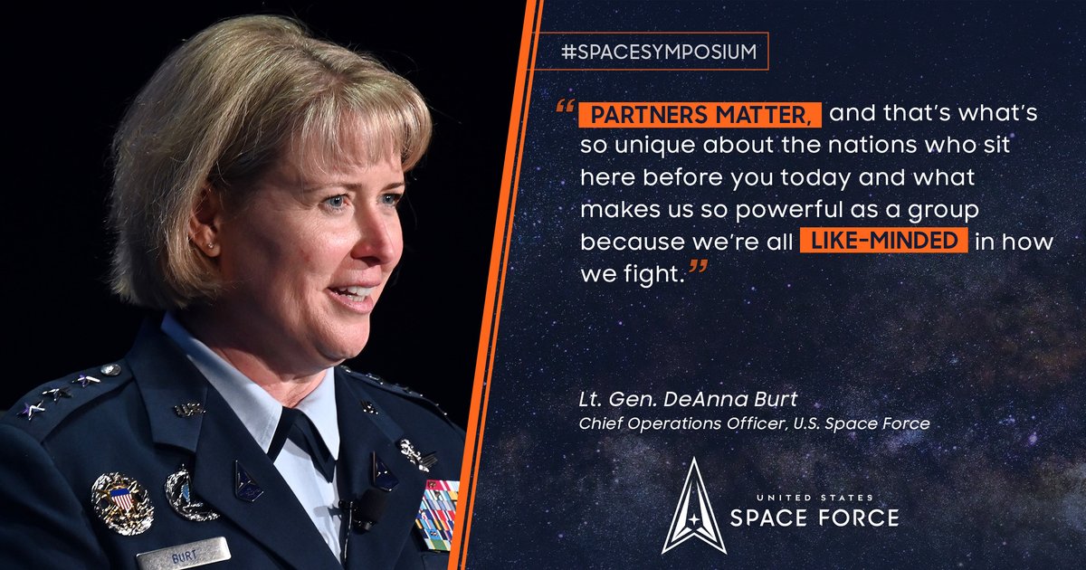 USSpaceForce's tweet image. Lt. Gen. DeAnna Burt, Chief Operations Officer, took part in a panel with 5 other nations to emphasize the importance of international partnerships. Deputy Under Secretary of the Air Force for International Affairs Kelli Seybolt moderated the session. #SpaceSymposium #38Space