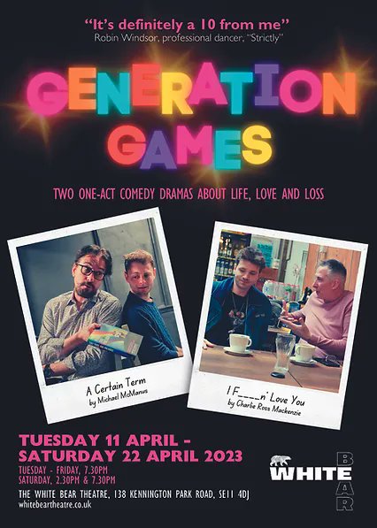 Just saw <a href="/gengamesplays/">Generation Games</a> by <a href="/McManingtonHall/">Michael McManus</a> and <a href="/charlieross99/">Charlie Ross</a> at the <a href="/whitebeartheatr/">White Bear Theatre</a>. Two one act plays. A thoroughly enjoyable evening with excellent writing and acting, and plenty to talk about on the way home. Go see! Until 22 April. 🎭