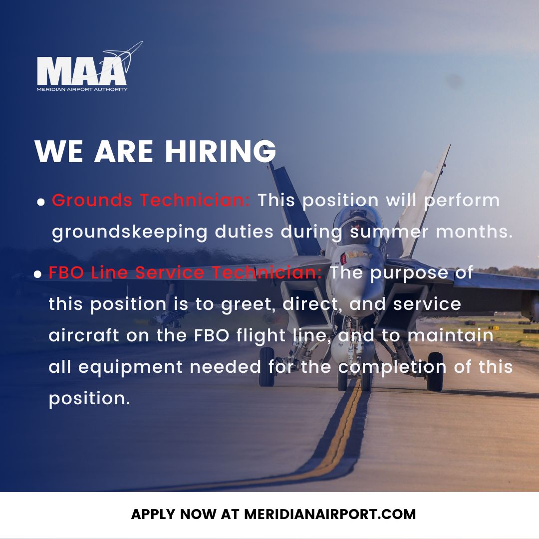 deanaircraft's tweet photo. Come work with the best of the best! Meridian Airport Authority is looking to fill two positions: FBO Line Service Technician and Grounds Technician. Learn more here: https://t.co/iWlTTDFJKM https://t.co/HIjrXvYxQv