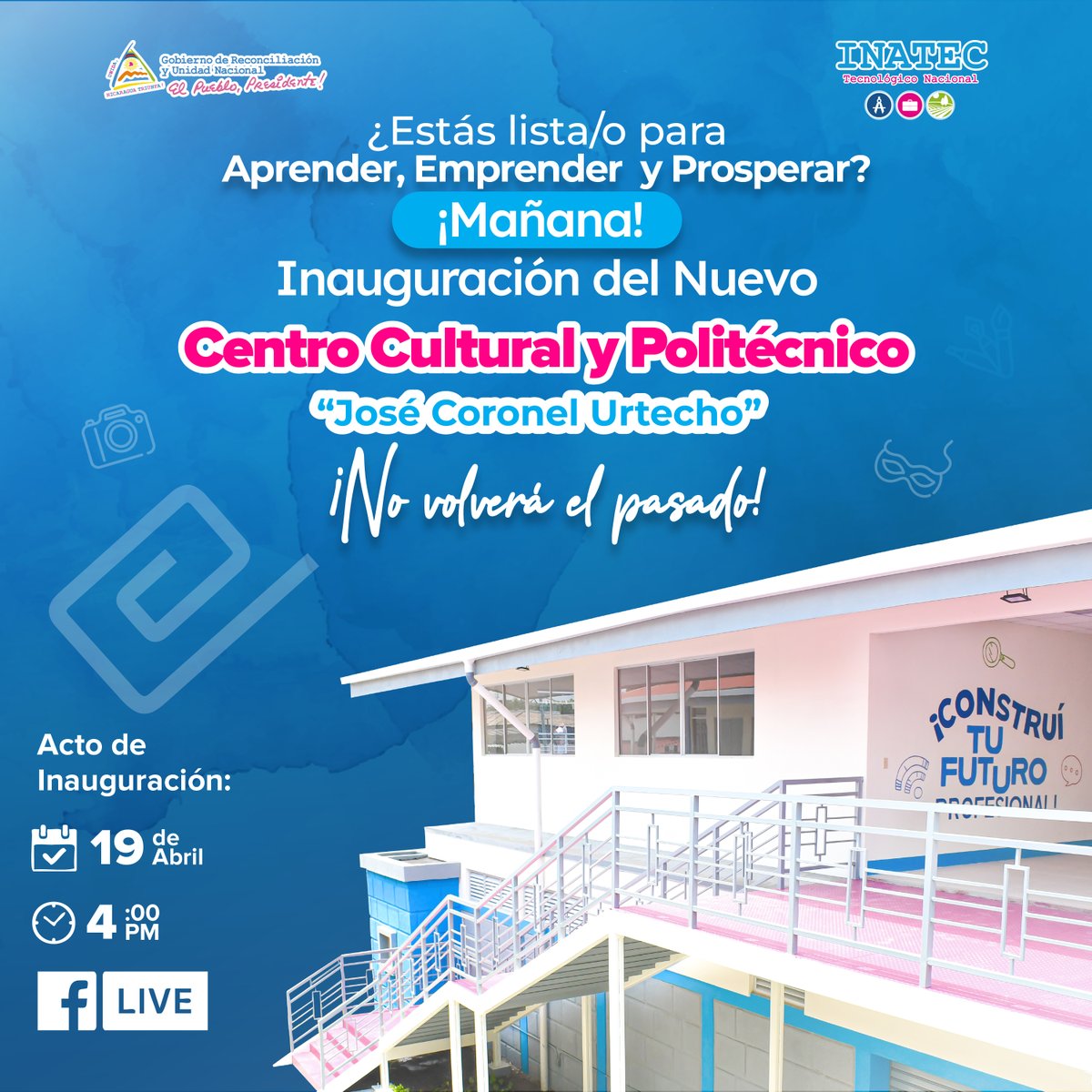 📚Una nueva victoria del pueblo nicaragüense desde la Capacitación y Educación Técnica en el Arte y Cultura.💃🏻 

📌Inauguración del Centro Cultural y Politécnico José Coronel Urtecho ¡No Volverá el Pasado!, mañana 19 de abril.  #LaPazNuestraVictoria 🕊️
